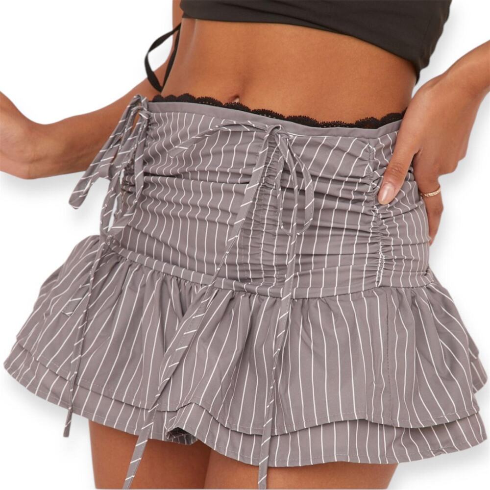 Coquette Striped Ruffle Lace Trim Grey White Mini Skirt Sz S